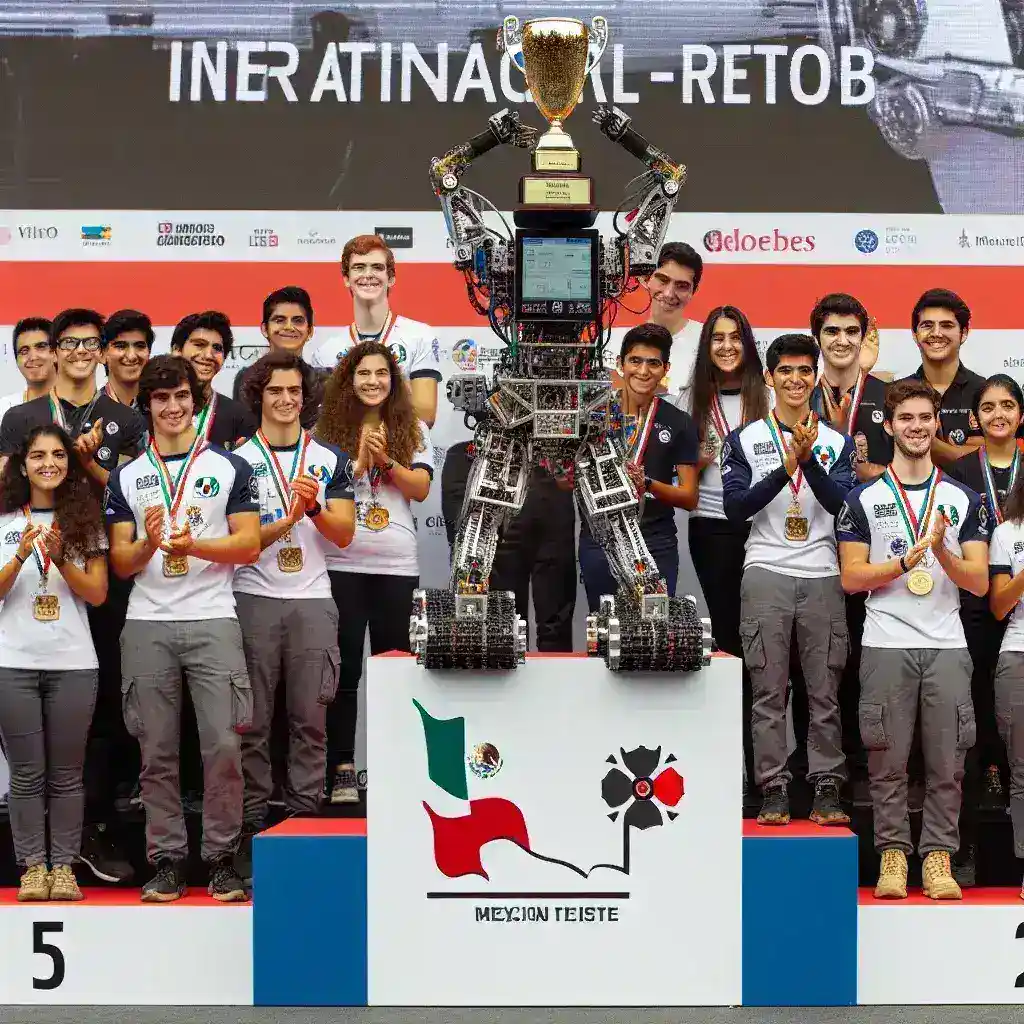 "Estudiantes mexicanos celebran su victoria con un robot de rescate en la premiación internacional, destacando la innovación y el talento en la robótica del país."