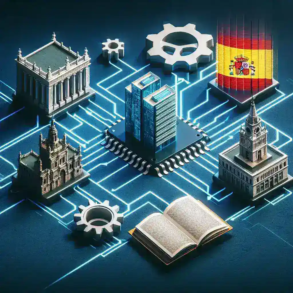 "Imagen que ilustra el proceso de formación y regulación para la integración de la inteligencia artificial en empresas españolas, mostrando a profesionales en una sesión de capacitación y conceptos clave sobre la implementación de IA en el entorno empresarial."