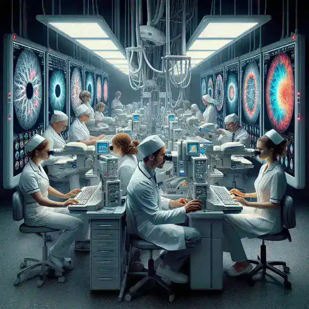 "Imagen de un médico analizando imágenes de retina con software de diagnóstico basado en algoritmos en un hospital vasco, destacando la innovación en la atención oftalmológica."
