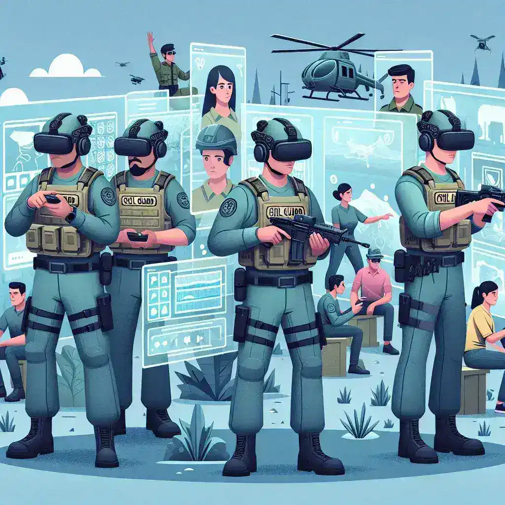 "Guardia Civil officers testing augmented reality helmets during training exercise, showcasing innovative technology for law enforcement."