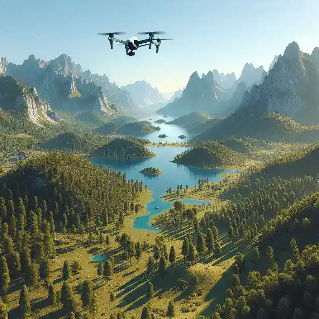 "Drone surveillance over a scenic Spanish national park landscape, enhancing wildlife protection and park management."