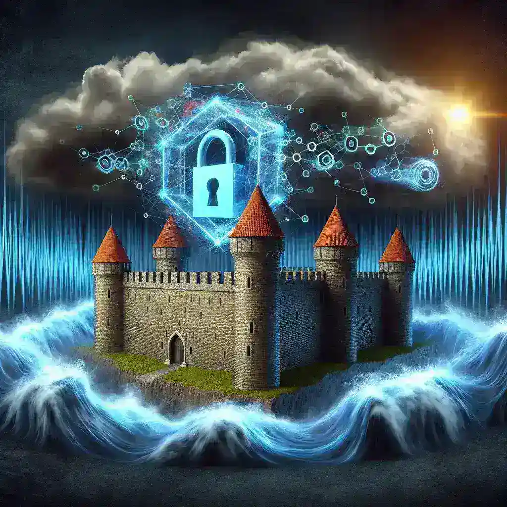 **Alt Text:** "Illustration of quantum computing technology with overlapping padlocks, symbolizing cryptographic security measures against quantum attacks in cybersecurity."